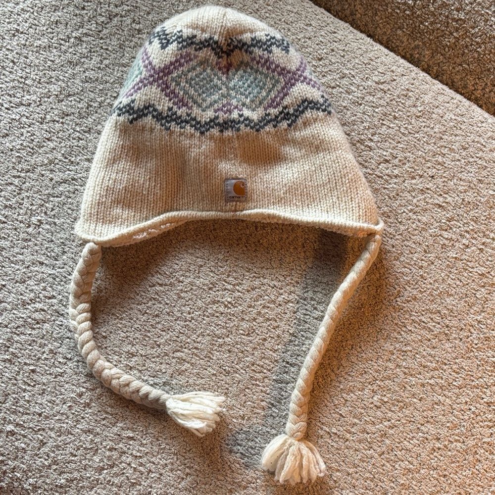 Carhartt Kids' Tan and Purple Knit Hat with Tassels